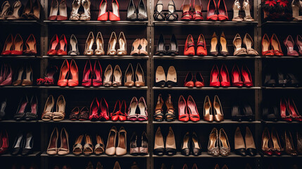Background with shoes on shelves of shop