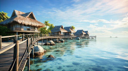 Fototapeta premium Over water villas line in Maldivas with wooden foot bridge at sunset, holiday ad travel concept 