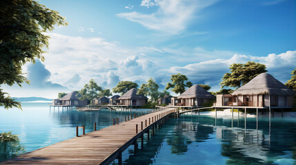 Over water villas line in Maldivas with wooden foot bridge at sunset, holiday ad travel concept  