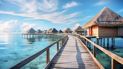 Over water villas line in Maldivas with wooden foot bridge at sunset, holiday ad travel concept  