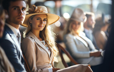 Well dressed English woman in hat watching Horse racing event at summer sunny day - obrazy, fototapety, plakaty