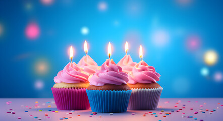 Five Birthday cupcake with a candle lit on it, pink, blue and white pastel background