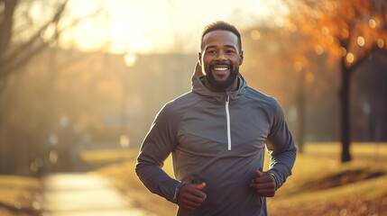 Obraz premium Attractive middle age black man is running in park early morning at sunrise 