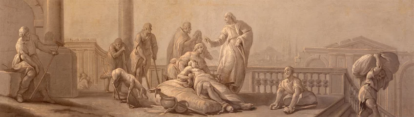 Fensteraufkleber VICENZA, ITALY - NOVEMBER 5, 2023: The monochrome baroque painting of Jesus at the healing in the church Chiesa di San Gaetano by unknown artist. © Renáta Sedmáková