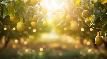 Orchard abstract blurred background with sunlight filtering through a pear orchard