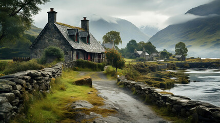 Epic Scottish landscape with stone made cottages, grey sky, mountains, river and green fields