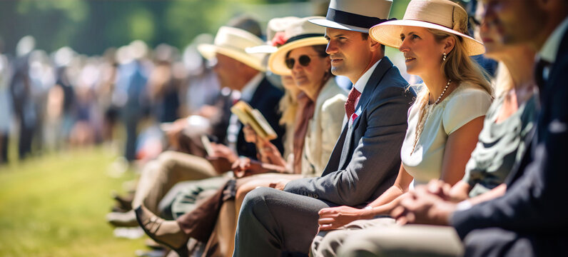 Well dressed English people watching Horse racing  event at summer sunny day
