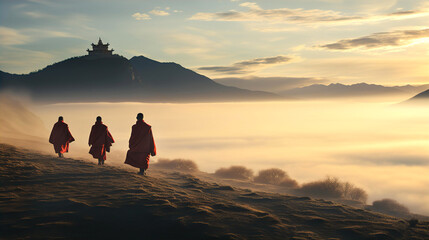 Tibetan monks are walking in high mountains - Powered by Adobe