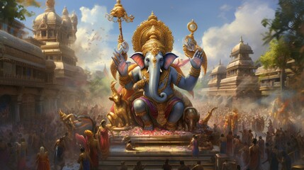 A picturesque Ganesh procession, with a beautifully adorned idol carried on a bedecked elephant amidst a cheering crowd.