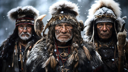 Naklejka premium Native people of North, Evenks family portrait in fir charts and hats 