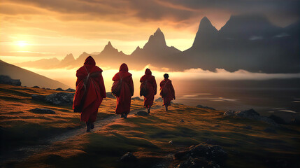 Tibetan monks are walking in high mountains - obrazy, fototapety, plakaty