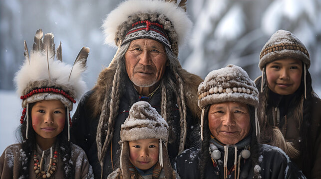 Native people of North,  Evenks family portrait in fir charts and hats 