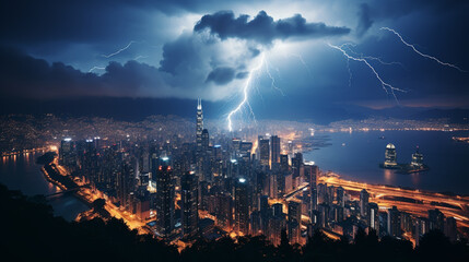 Powerful Lightning bolt strikes over the city in a strong, hot, and humid thunderstorm. Stormy night - obrazy, fototapety, plakaty
