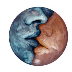 Watercolor moon and crescents with the outlines of a tender romantic kiss on the half-open lips of two lovers of different colors. Hand drawn illustration for valentine's day, wedding, engagement day