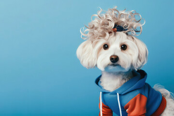 a dog in casual clothes with a curly hairstyle, concept of Pet fashion on solid blue background. ai generative - obrazy, fototapety, plakaty