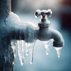 A frozen water pipe in winter, closeup, shallow depth of field. water tap covered with ice. ai generative - obrazy, fototapety, plakaty