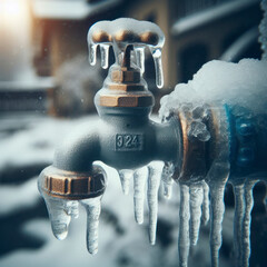 A frozen water pipe in winter, closeup, shallow depth of field. water tap covered with ice. ai generative - obrazy, fototapety, plakaty