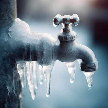 A frozen water pipe in winter, closeup, shallow depth of field. water tap covered with ice. ai generative