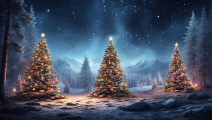 Enchanting Winter Wonderland Magical Forest with Christmas Trees and Glowing Lights, Generative Al