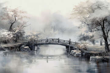 Watercolor painting of a bridge over the river in the park.