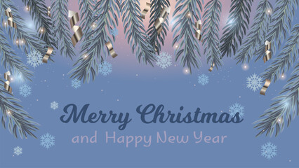 Christmas and New Year composition , pine branches with glitter, snowflakes and silver serpentine on a lilac background. Vector illustration. Holiday banner, greeting card.
