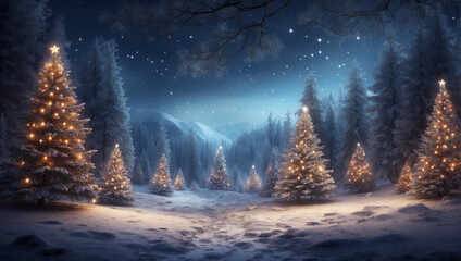 Enchanting Winter Wonderland Magical Forest with Christmas Trees and Glowing Lights, Generative Al