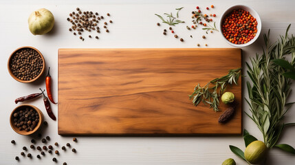 Wood cutting board with linen napkin and spices with copy space, top view - Powered by Adobe