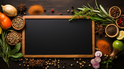 Black stone cooking background. Spices and vegetables. Top view. Free space for your text. - obrazy, fototapety, plakaty