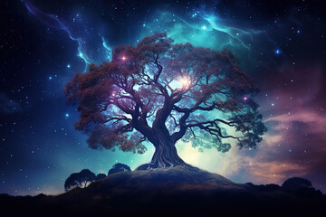 Tree on the background of the starry sky and milky way, generative ai 
