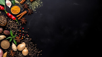 Various herbs and spices on black stone plate, art composition