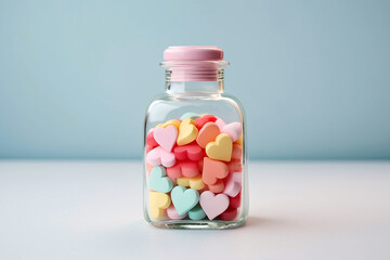 Transparent glass bottle with heart shaped pills. Colorful candies as hearts in a glass jar. Valentine's Day greeting card. Love addiction concept, healthcare and medicine, heart disease drugs