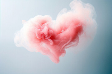 Pink smoky heart on blue background. Heart sign from pink smoke. Heart made of fog, heart shaped cloud. Minimal love concept, Valentine's Day greeting card, romantic background