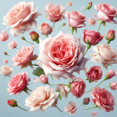 Many delicate tender pink big and small open and closed red roses, flowers and buds levitating. ai generative