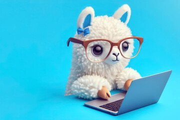 llama with glasses and a surprised look on her face is looking at a laptop on solid blue background. ai generative
