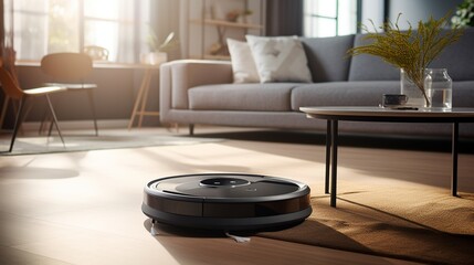 A robotic vacuum cleaner gliding gracefully across a spotless living room floor.