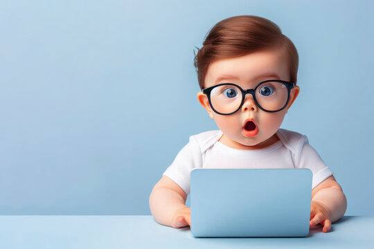 Baby With Glasses And A Surprised Look On Her Face Is Looking At A Laptop On Solid Blue Background. Ai Generative