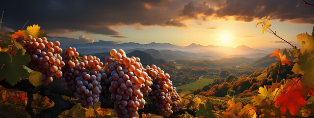 White grapes on a vine in a vineyard on a sunset - obrazy, fototapety, plakaty