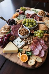 Charcuterie board adorned with an array of sliced sausages, meats, cheese, crackers, snacks, grapes, sauces, and berries. A delightful spread, symphony of flavors and textures.