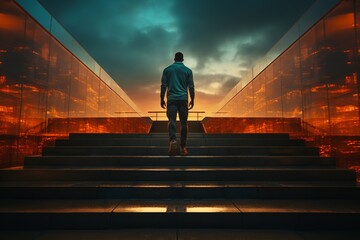 male athlete climbs stairs at night in the city
