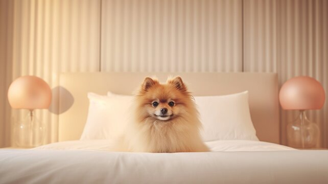 Cute sleepy pomeranian dog lying on bed picture