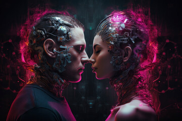 A futuristic portrayal of love's unity: a man and a woman face each other, their expressions filled with love and understanding,