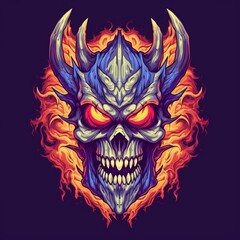 Fototapeta premium Demon skeleton skull head horns fire mascot logo illustration AI Generated Art
