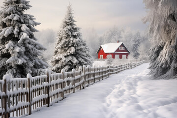 Naklejka premium Picturesque landscape with small wooden log cabin.