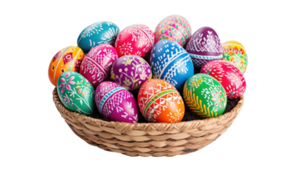 Beautiful colorful easter eggs in basket, isolated, white background