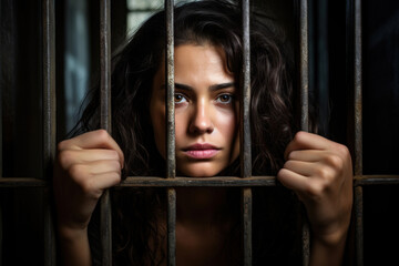 A woman imprisoned, her gaze piercing through the bars, revealing a spirit unbroken by adversity