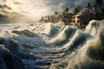Tsunami disaster looming: massive wave rushing towards the city - obrazy, fototapety, plakaty
