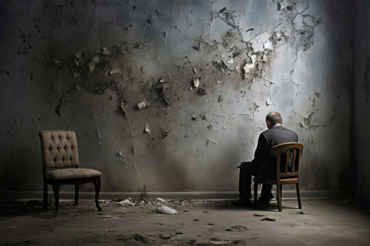 A man sits alone in front of a weathered, cracked wall, symbolizing isolation, disillusionment, and stagnation