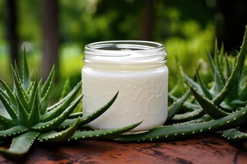 Obraz na płótnie Canvas photo showcasing a jar of cream harmoniously paired with an aloe plant a mockup that resonates with the soothing symphony of aloe-infused skincare