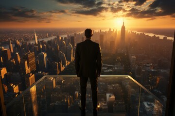 A male businessman or boss stands near a panoramic window at sunset and looks at the city - obrazy, fototapety, plakaty