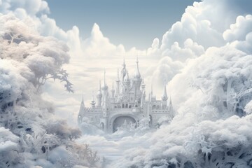 Obraz premium illustration of a white castle surrounded by snow-white trees and clouds
